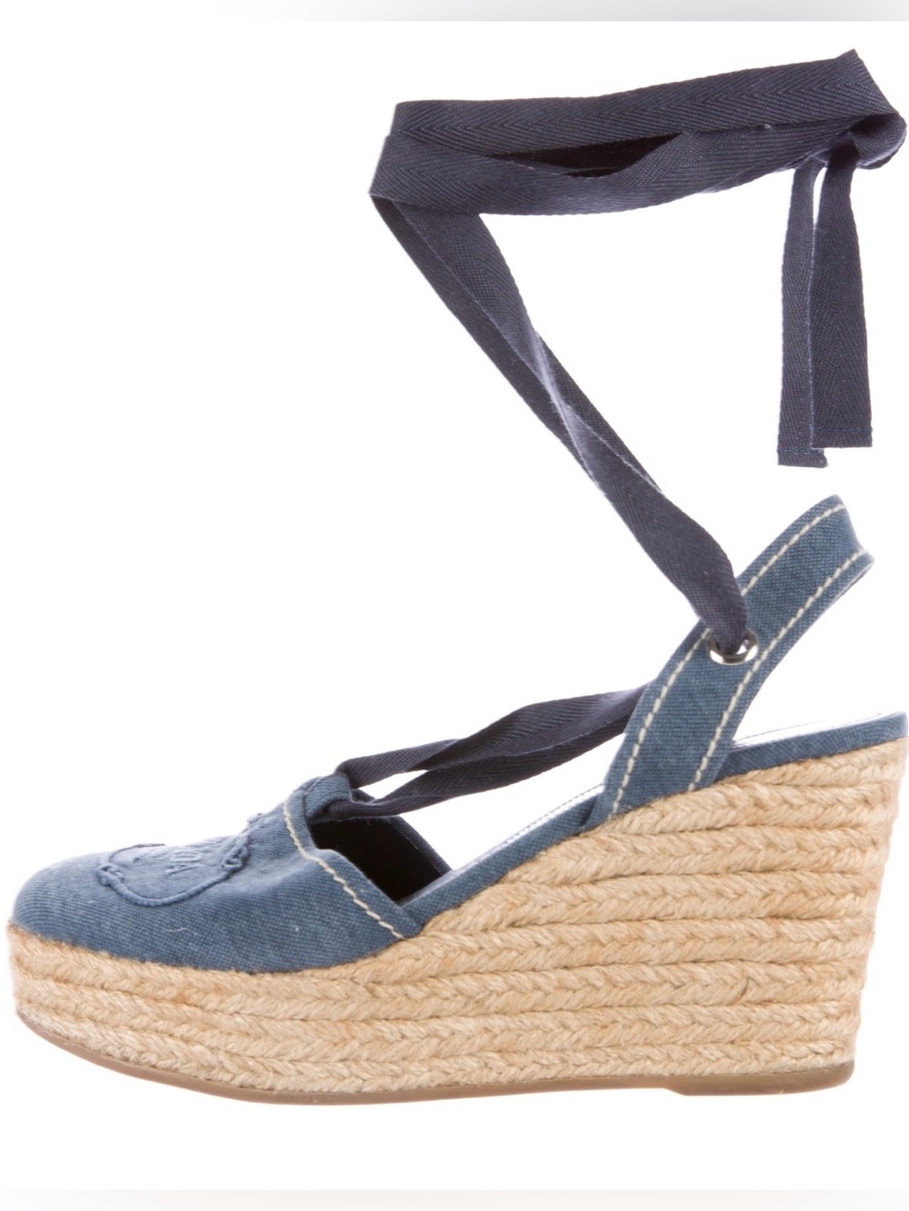 Prada Blue Canvas Espadrille Wedge Sandals with Ankle Wrap